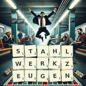 Kreative Illustration für ein Scrabble-Spiel, bei dem das Wort STAHLWERKZEUGEN mit Steinen auf dem Brett gelegt wurde.
