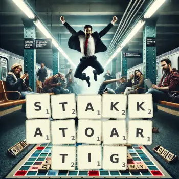 Kreative Illustration für ein Scrabble-Spiel, bei dem das Wort STAKKATOARTIG mit Steinen auf dem Brett gelegt wurde.