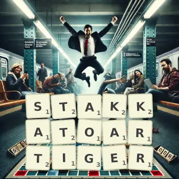 Kreative Illustration für ein Scrabble-Spiel, bei dem das Wort STAKKATOARTIGER mit Steinen auf dem Brett gelegt wurde.