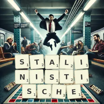 Kreative Illustration für ein Scrabble-Spiel, bei dem das Wort STALINISTISCHE mit Steinen auf dem Brett gelegt wurde.