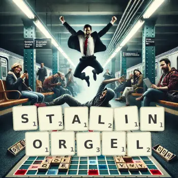 Kreative Illustration für ein Scrabble-Spiel, bei dem das Wort STALINORGEL mit Steinen auf dem Brett gelegt wurde.