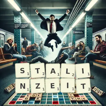 Kreative Illustration für ein Scrabble-Spiel, bei dem das Wort STALINZEIT mit Steinen auf dem Brett gelegt wurde.