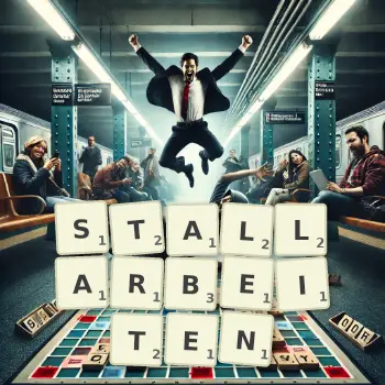 Kreative Illustration für ein Scrabble-Spiel, bei dem das Wort STALLARBEITEN mit Steinen auf dem Brett gelegt wurde.