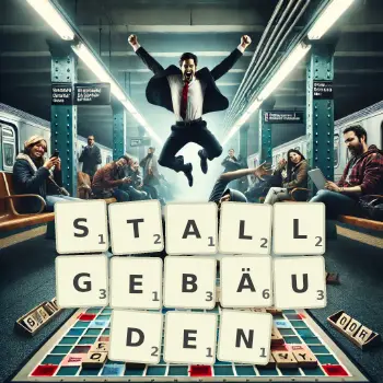 Kreative Illustration für ein Scrabble-Spiel, bei dem das Wort STALLGEBÄUDEN mit Steinen auf dem Brett gelegt wurde.