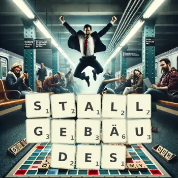 Kreative Illustration für ein Scrabble-Spiel, bei dem das Wort STALLGEBÄUDES mit Steinen auf dem Brett gelegt wurde.