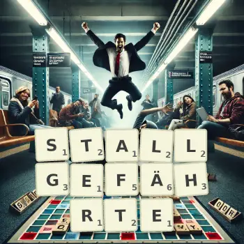 Kreative Illustration für ein Scrabble-Spiel, bei dem das Wort STALLGEFÄHRTE mit Steinen auf dem Brett gelegt wurde.