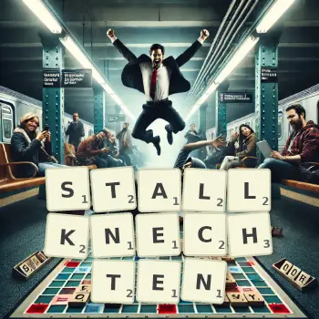 Kreative Illustration für ein Scrabble-Spiel, bei dem das Wort STALLKNECHTEN mit Steinen auf dem Brett gelegt wurde.
