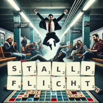 Kreative Illustration für ein Scrabble-Spiel, bei dem das Wort STALLPFLICHT mit Steinen auf dem Brett gelegt wurde.