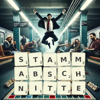 Kreative Illustration für ein Scrabble-Spiel, bei dem das Wort STAMMABSCHNITTE mit Steinen auf dem Brett gelegt wurde.