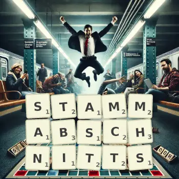 Kreative Illustration für ein Scrabble-Spiel, bei dem das Wort STAMMABSCHNITTS mit Steinen auf dem Brett gelegt wurde.