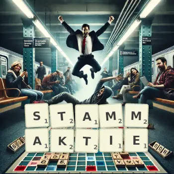 Kreative Illustration für ein Scrabble-Spiel, bei dem das Wort STAMMAKTIE mit Steinen auf dem Brett gelegt wurde.