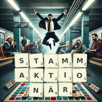 Kreative Illustration für ein Scrabble-Spiel, bei dem das Wort STAMMAKTIONÄR mit Steinen auf dem Brett gelegt wurde.