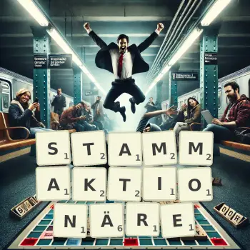 Kreative Illustration für ein Scrabble-Spiel, bei dem das Wort STAMMAKTIONÄRE mit Steinen auf dem Brett gelegt wurde.
