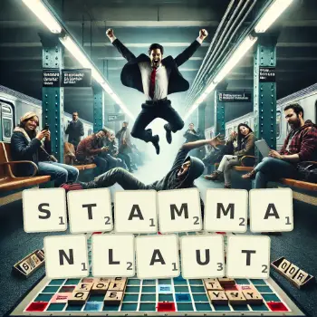 Kreative Illustration für ein Scrabble-Spiel, bei dem das Wort STAMMANLAUT mit Steinen auf dem Brett gelegt wurde.