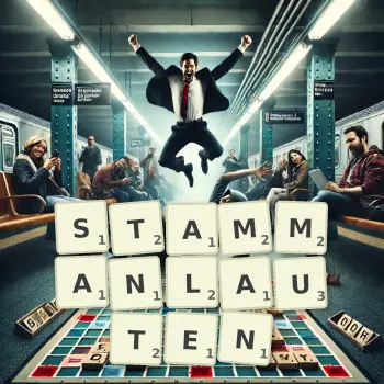 Kreative Illustration für ein Scrabble-Spiel, bei dem das Wort STAMMANLAUTEN mit Steinen auf dem Brett gelegt wurde.