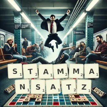 Kreative Illustration für ein Scrabble-Spiel, bei dem das Wort STAMMANSATZ mit Steinen auf dem Brett gelegt wurde.