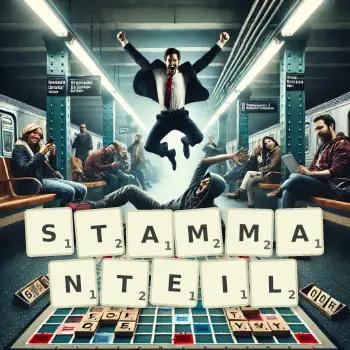 Kreative Illustration für ein Scrabble-Spiel, bei dem das Wort STAMMANTEIL mit Steinen auf dem Brett gelegt wurde.