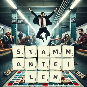 Kreative Illustration für ein Scrabble-Spiel, bei dem das Wort STAMMANTEILEN mit Steinen auf dem Brett gelegt wurde.