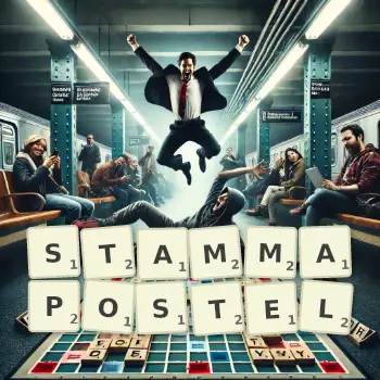 Kreative Illustration für ein Scrabble-Spiel, bei dem das Wort STAMMAPOSTEL mit Steinen auf dem Brett gelegt wurde.
