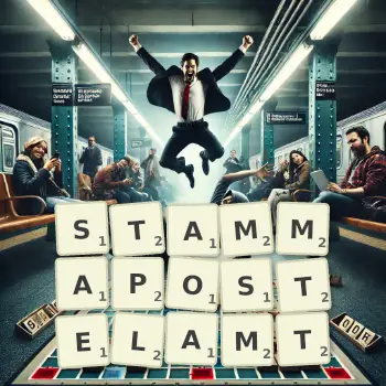 Kreative Illustration für ein Scrabble-Spiel, bei dem das Wort STAMMAPOSTELAMT mit Steinen auf dem Brett gelegt wurde.