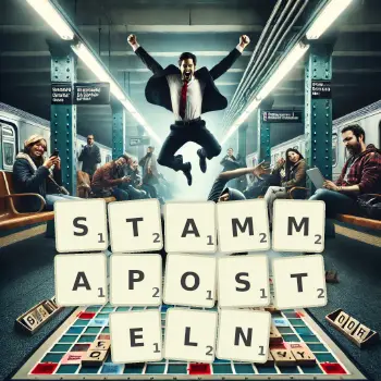 Kreative Illustration für ein Scrabble-Spiel, bei dem das Wort STAMMAPOSTELN mit Steinen auf dem Brett gelegt wurde.