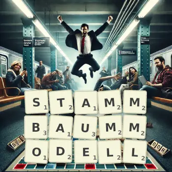 Kreative Illustration für ein Scrabble-Spiel, bei dem das Wort STAMMBAUMMODELL mit Steinen auf dem Brett gelegt wurde.