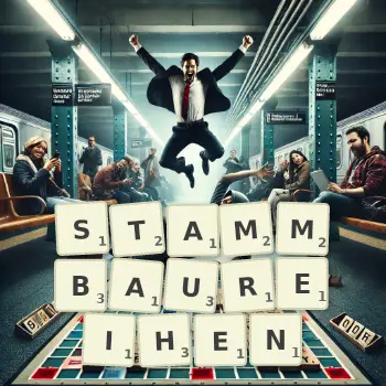 Kreative Illustration für ein Scrabble-Spiel, bei dem das Wort STAMMBAUREIHEN mit Steinen auf dem Brett gelegt wurde.