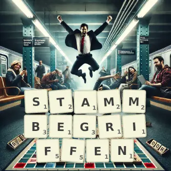Kreative Illustration für ein Scrabble-Spiel, bei dem das Wort STAMMBEGRIFFEN mit Steinen auf dem Brett gelegt wurde.