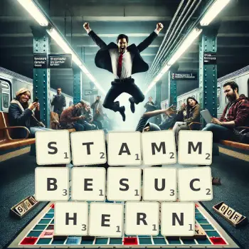 Kreative Illustration für ein Scrabble-Spiel, bei dem das Wort STAMMBESUCHERN mit Steinen auf dem Brett gelegt wurde.