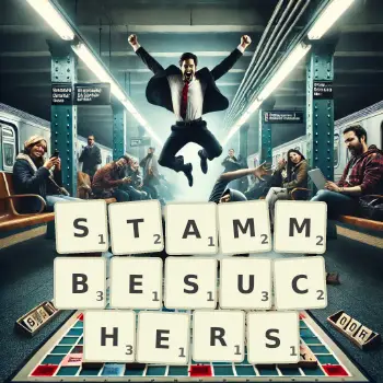 Kreative Illustration für ein Scrabble-Spiel, bei dem das Wort STAMMBESUCHERS mit Steinen auf dem Brett gelegt wurde.