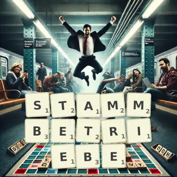 Kreative Illustration für ein Scrabble-Spiel, bei dem das Wort STAMMBETRIEBE mit Steinen auf dem Brett gelegt wurde.
