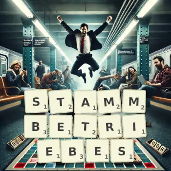 Kreative Illustration für ein Scrabble-Spiel, bei dem das Wort STAMMBETRIEBES mit Steinen auf dem Brett gelegt wurde.