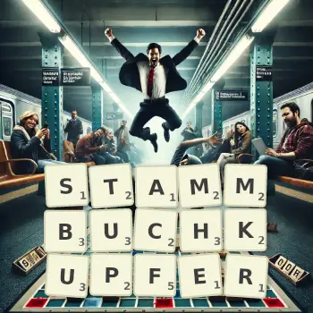 Kreative Illustration für ein Scrabble-Spiel, bei dem das Wort STAMMBUCHKUPFER mit Steinen auf dem Brett gelegt wurde.