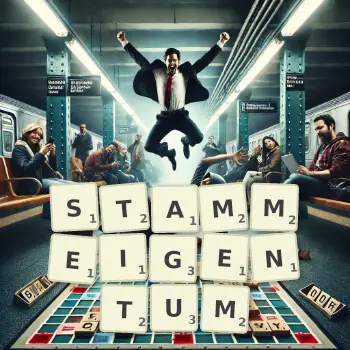 Kreative Illustration für ein Scrabble-Spiel, bei dem das Wort STAMMEIGENTUM mit Steinen auf dem Brett gelegt wurde.