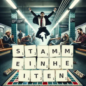 Kreative Illustration für ein Scrabble-Spiel, bei dem das Wort STAMMEINHEITEN mit Steinen auf dem Brett gelegt wurde.