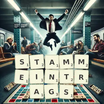 Kreative Illustration für ein Scrabble-Spiel, bei dem das Wort STAMMEINTRAGS mit Steinen auf dem Brett gelegt wurde.