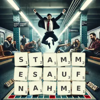 Kreative Illustration für ein Scrabble-Spiel, bei dem das Wort STAMMESAUFNAHME mit Steinen auf dem Brett gelegt wurde.