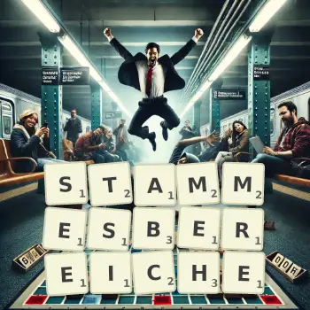 Kreative Illustration für ein Scrabble-Spiel, bei dem das Wort STAMMESBEREICHE mit Steinen auf dem Brett gelegt wurde.