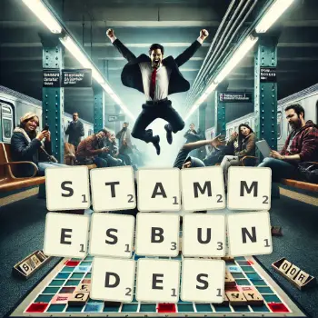 Kreative Illustration für ein Scrabble-Spiel, bei dem das Wort STAMMESBUNDES mit Steinen auf dem Brett gelegt wurde.