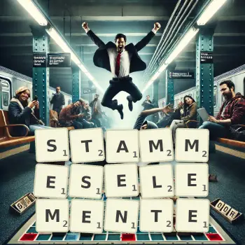 Kreative Illustration für ein Scrabble-Spiel, bei dem das Wort STAMMESELEMENTE mit Steinen auf dem Brett gelegt wurde.