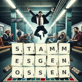 Kreative Illustration für ein Scrabble-Spiel, bei dem das Wort STAMMESGENOSSEN mit Steinen auf dem Brett gelegt wurde.