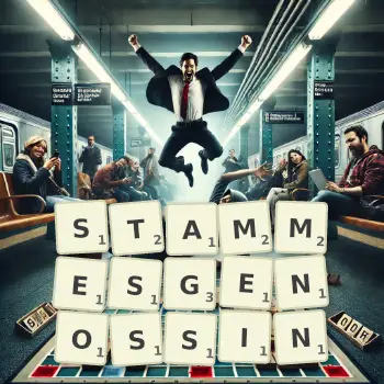 Kreative Illustration für ein Scrabble-Spiel, bei dem das Wort STAMMESGENOSSIN mit Steinen auf dem Brett gelegt wurde.