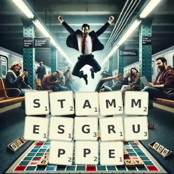 Kreative Illustration für ein Scrabble-Spiel, bei dem das Wort STAMMESGRUPPE mit Steinen auf dem Brett gelegt wurde.