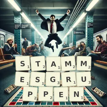 Kreative Illustration für ein Scrabble-Spiel, bei dem das Wort STAMMESGRUPPEN mit Steinen auf dem Brett gelegt wurde.