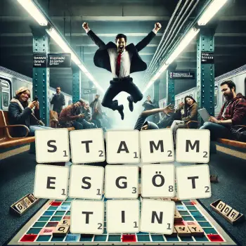 Kreative Illustration für ein Scrabble-Spiel, bei dem das Wort STAMMESGÖTTIN mit Steinen auf dem Brett gelegt wurde.