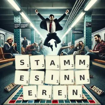 Kreative Illustration für ein Scrabble-Spiel, bei dem das Wort STAMMESINNEREN mit Steinen auf dem Brett gelegt wurde.