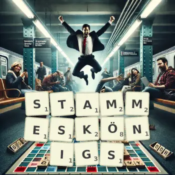 Kreative Illustration für ein Scrabble-Spiel, bei dem das Wort STAMMESKÖNIGS mit Steinen auf dem Brett gelegt wurde.