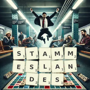 Kreative Illustration für ein Scrabble-Spiel, bei dem das Wort STAMMESLANDES mit Steinen auf dem Brett gelegt wurde.