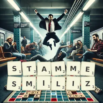 Kreative Illustration für ein Scrabble-Spiel, bei dem das Wort STAMMESMILIZ mit Steinen auf dem Brett gelegt wurde.