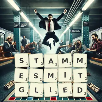 Kreative Illustration für ein Scrabble-Spiel, bei dem das Wort STAMMESMITGLIED mit Steinen auf dem Brett gelegt wurde.